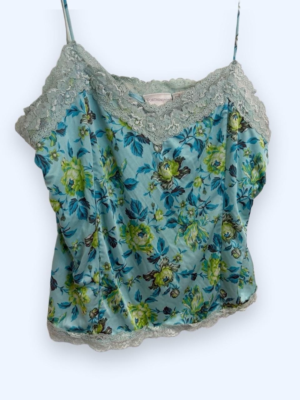 Worthington Aqua Floral Lace-Trim Camisole tank vintage 90s cami lingerie leaf